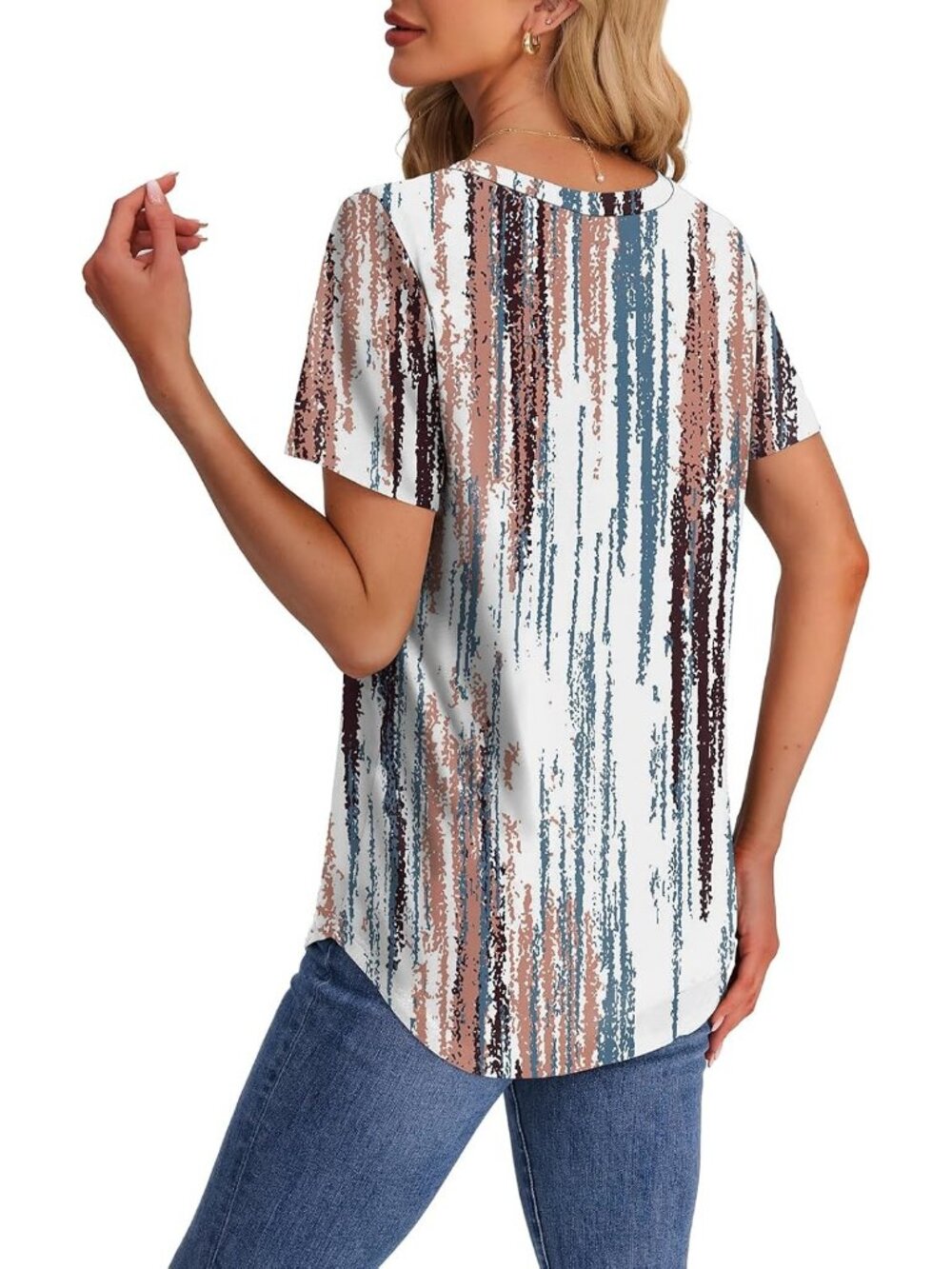 Women's Tie Dye Brown V Neck Short Sleeve Shirt Casual Loose Fit Curved Hem Tops - Picture 5 of 5